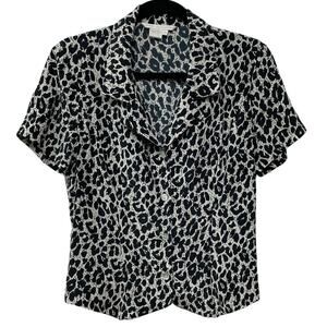 Annie Alexander Animal Print Blouse Short Sleeve 100% Silk Black White Vintage M